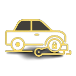 A car with a flat tire being inflated by a pump.