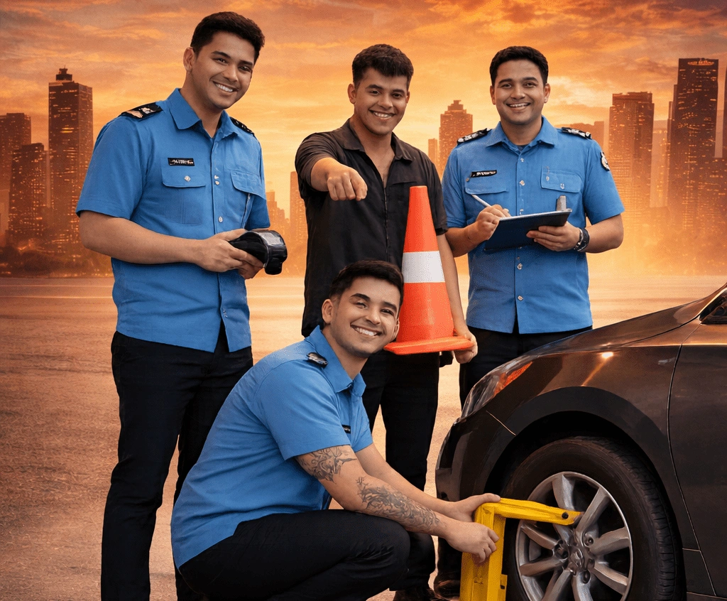 Four men in blue uniforms changing a car tire at sunset.